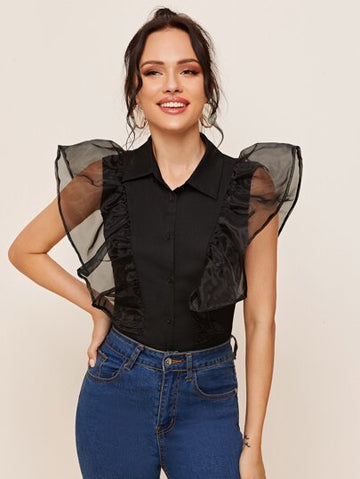 Ruffled Trim Shirt - Black